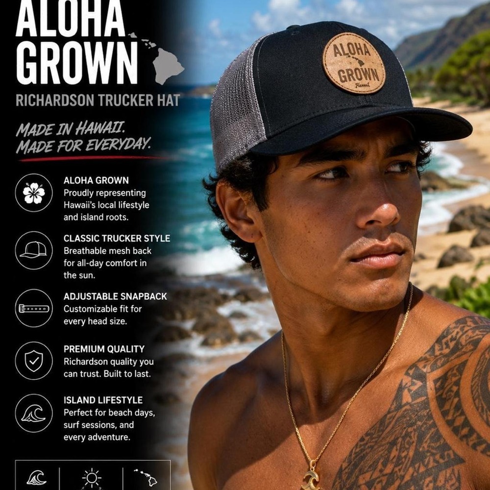 Aloha Grown Richardson Hat Black Gray Snapback Hawaii Island Lifestyle Cap